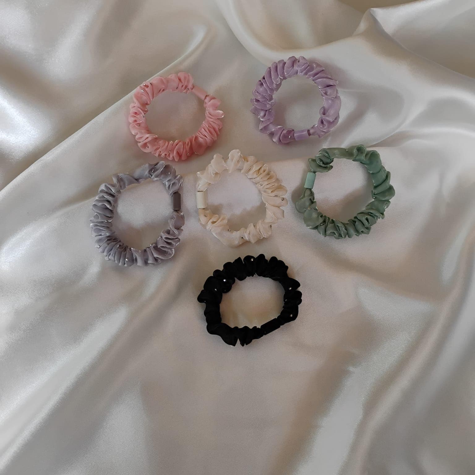 Joyify Pastel Mini Scrunchies Set, 6 Pack Elastic Hair Ties in Black, Pink, Gray, Lavender, Cream, Mint Green Colors, Soft Fabric Hair Accessories