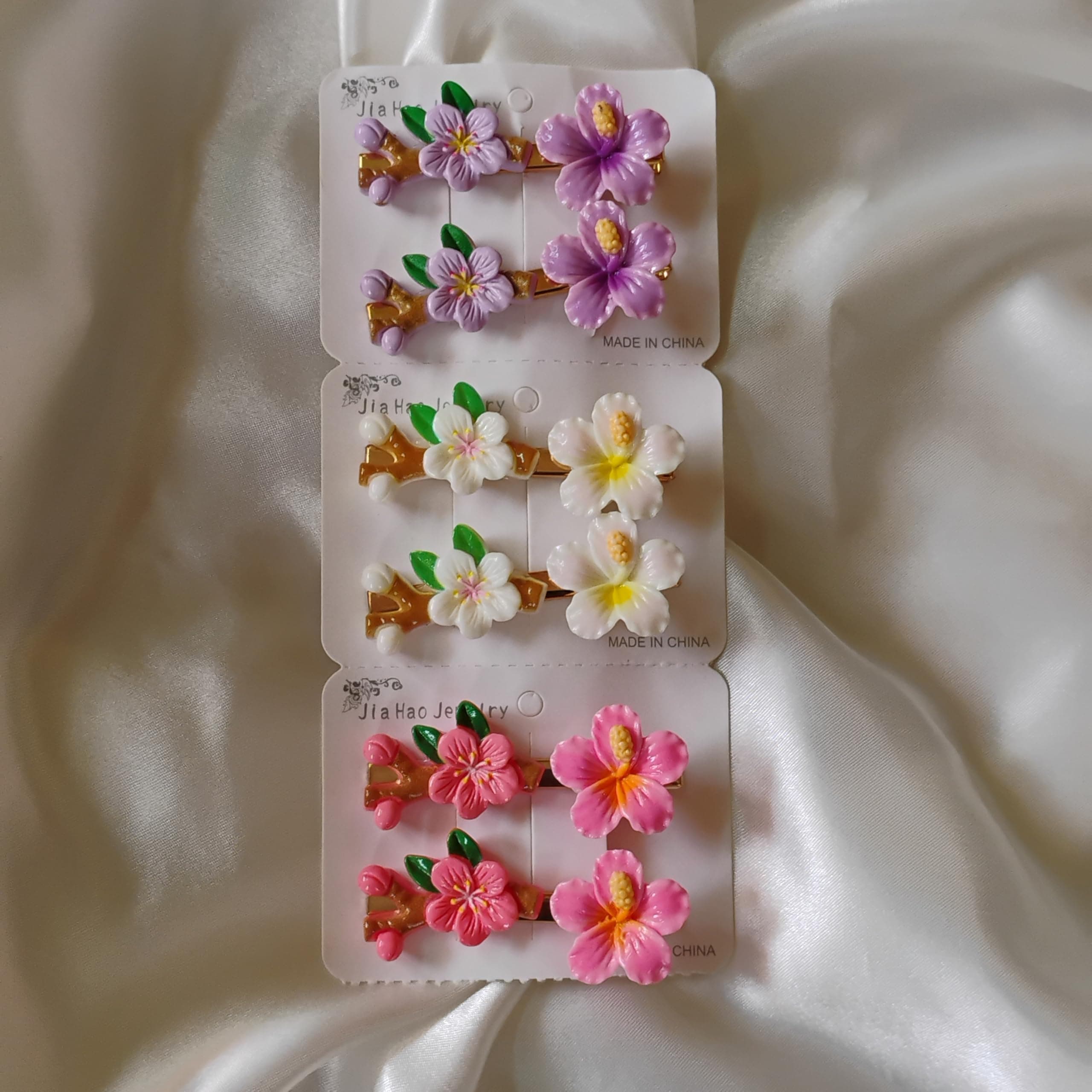 Joyify Vintage Floral Hair Clips, Rose Gold Metal, Hibiscus Flower Design, Pink Purple White Multi-Color, Wedding Hair Accessories for Women, 3 Pairs
